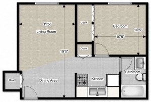 Floor plan for 1 bed, 1 bath, 500 sqft